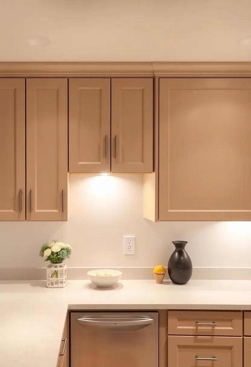 Customize Lighting Fixtures: Install under-cabinet lighting to enhance the beauty of your beige cabinets while offering practicality