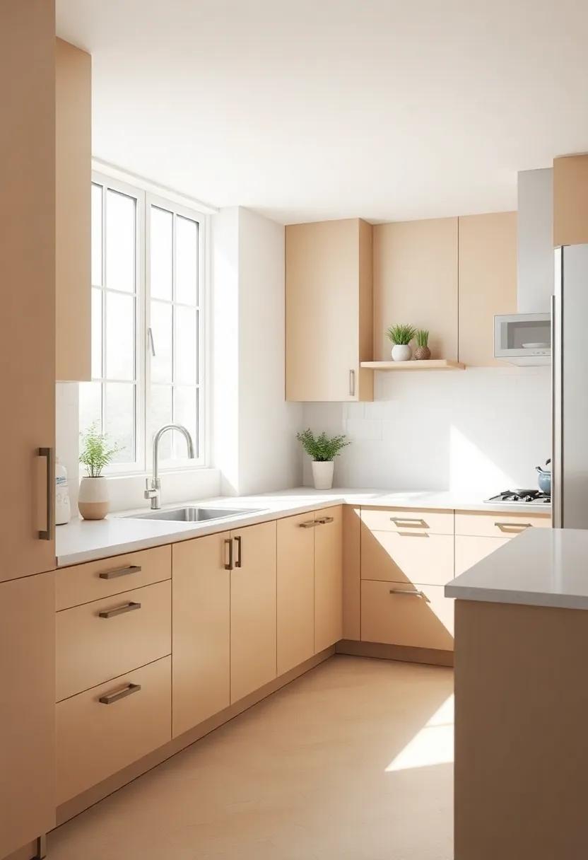 Embrace Minimalism: Use beige cabinets to create a clean and uncluttered kitchen space that maximizes natural light