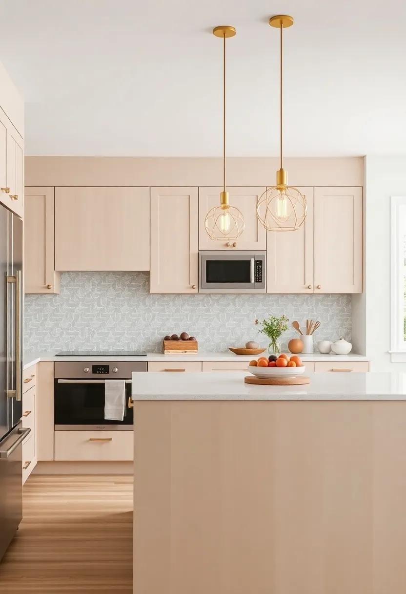 Layer with Lighting: Use pendant lights in brass or gold to enhance the warm tones of beige cabinets and create an inviting atmosphere