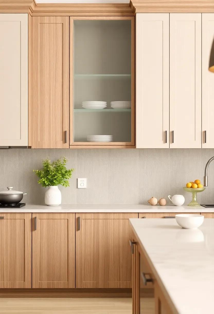 Mix Materials: combine traditional wood finish cabinets with beige painted ones to create depth and visual interest