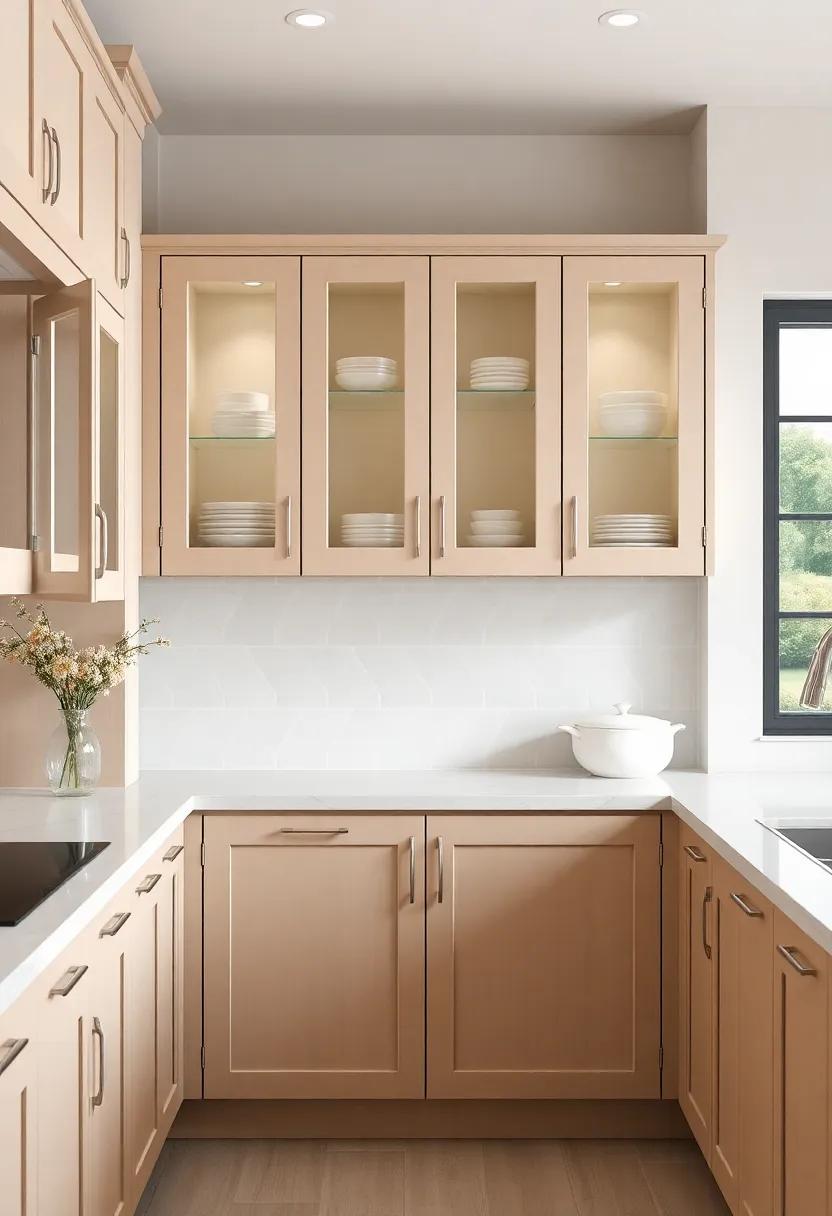 Opt for Glass Doors: Choose cabinet doors with glass fronts to display beautiful dishware and keep your kitchen airy and open