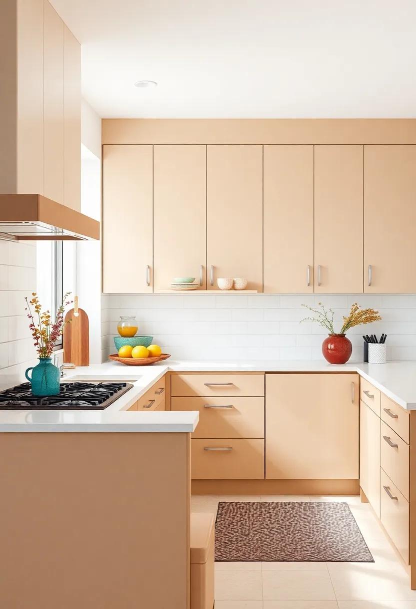 Pair with Bold Accents: Contrast your beige cabinets with vibrant colored accessories—think teal, mustard, or a rich burgundy