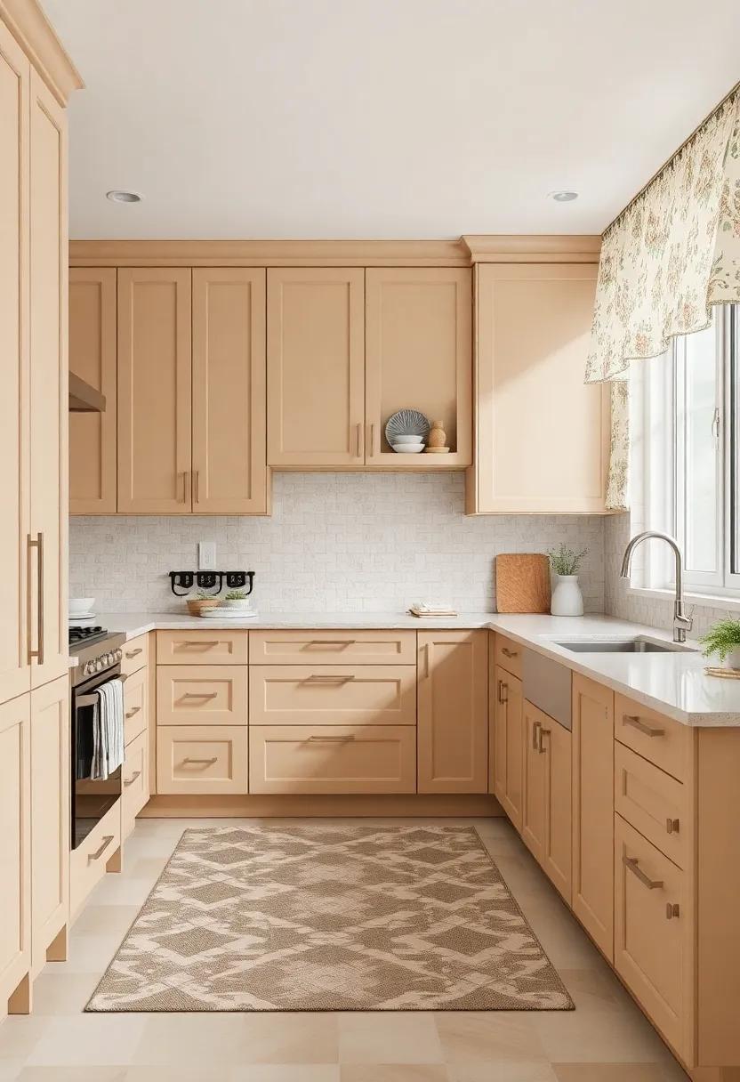 Play with Patterns: Add patterned textiles, like a geometric rug or floral curtains, to introduce dynamic elements to your beige-colored kitchen