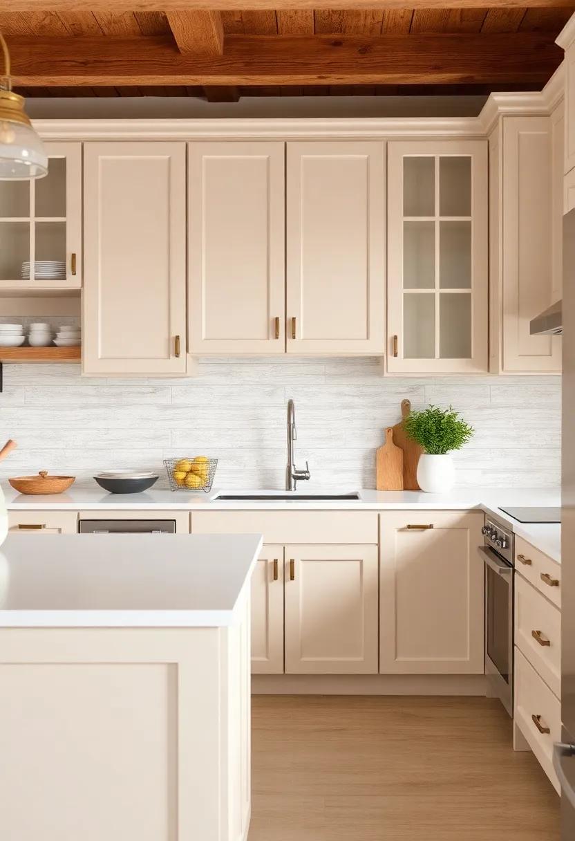 Go Rustic: pair beige cabinets with farmhouse-style elements like distressed wood accents and vintage decor for a charming rustic feel