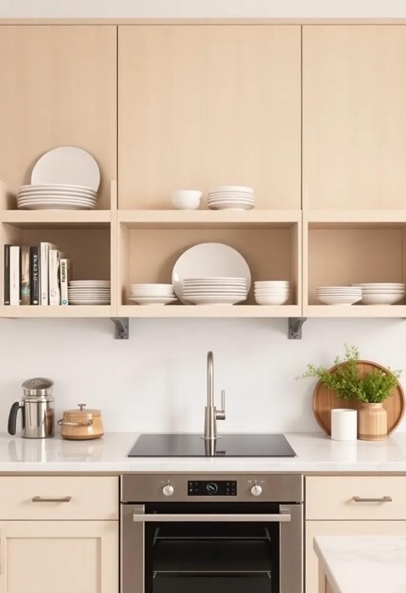 Use Open shelving: Showcase beautiful dishware or cookbooks on open shelves to break up the beige and add personality to your kitchen