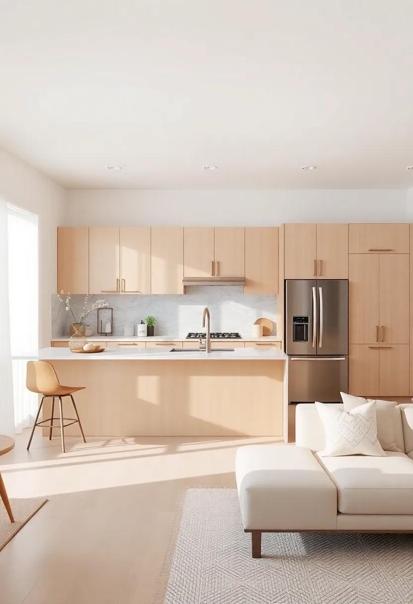 Use Open Concept Ideas: If your kitchen is part of an open floor plan, continue the beige theme into the adjacent living area for a harmonious flow