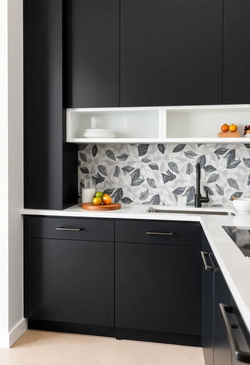Bold Backsplash: Contrast your black cabinets with​ a vibrant or patterned backsplash, making it a visual centerpiece in your kitchen