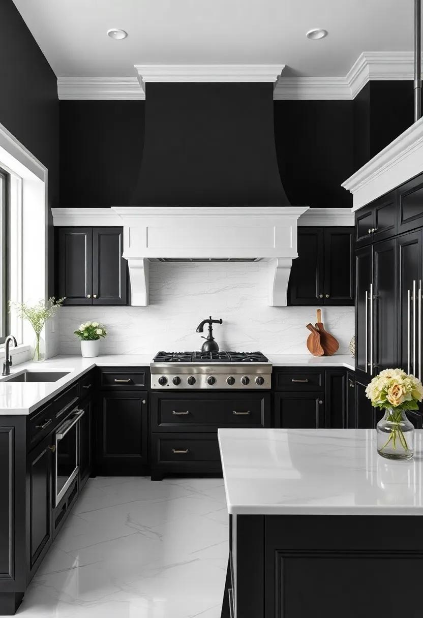 Classic Contrast: Balance the dramatic look of black cabinets with crisp white ‌trim and crown ‍molding for a‍ timeless and elegant kitchen design