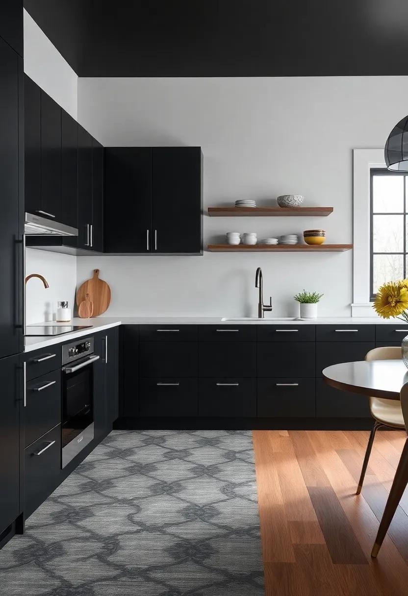Dramatic Flooring: Select bold flooring options, such as patterned tiles ‍or rich hardwood, to create an eye-catching foundation that complements sleek black ⁤cabinets