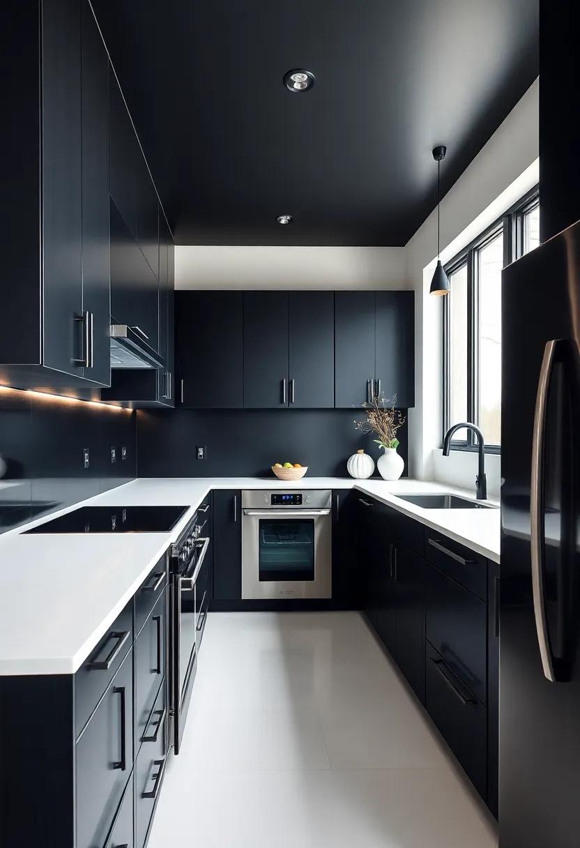 Embrace⁣ the Bold: ‍Transform your kitchen ‌with matte black cabinets that create a striking contrast against white countertops and stainless steel appliances