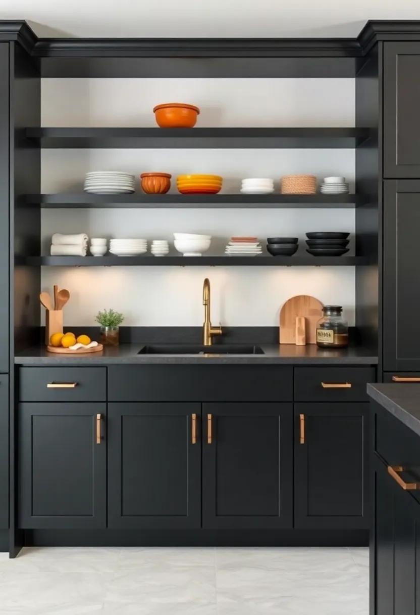 Open‍ Shelving ⁤Charm: ⁤Incorporate ⁤black cabinets with open shelving to display colorful dishware and decorative items, adding personality to your culinary space