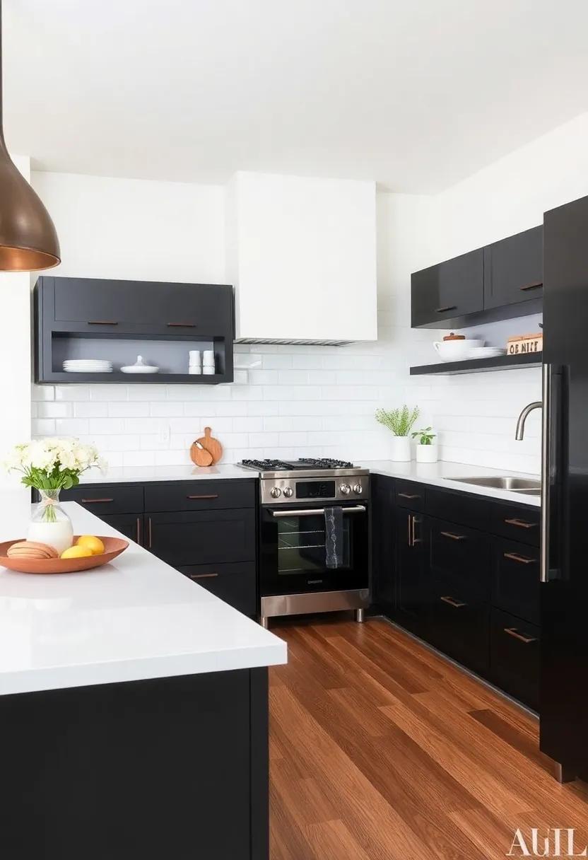 warm Whites: Pair warm white countertops and walls with black cabinets to soften the overall look while retaining‌ a modern edge