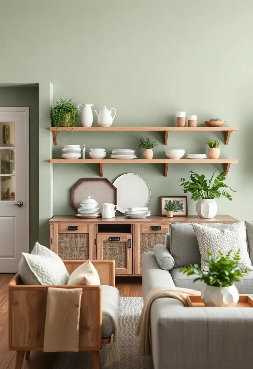Open Shelving: Display curated decor on open shelves featuring a mix of white dishware and greenery ⁤for⁢ a light, airy feel