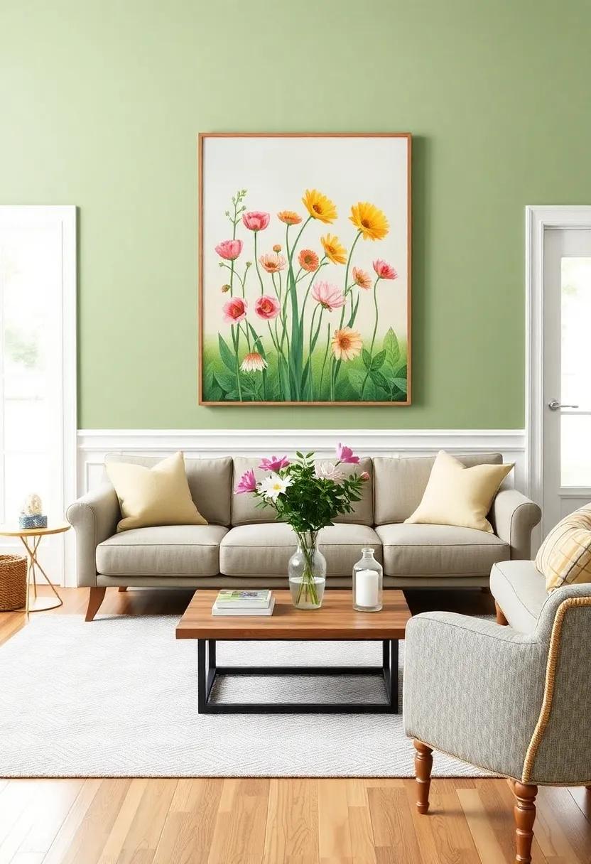 Cheerful⁤ Artwork: Introduce vibrant artwork featuring flowers or landscapes that ‍pop against the​ calming⁣ sage backdrop