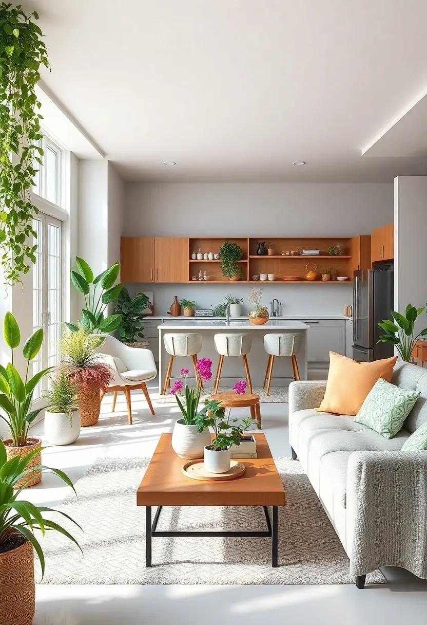 Colorful⁤ Combinations: ‌Mix varying ‍shades ‍of green plants ‍with⁤ vibrant flowers for an eclectic look that energizes your​ open concept area