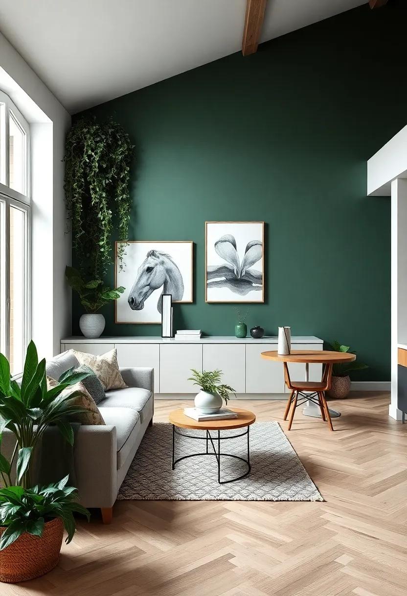 Statement Wall:​ Paint one wall with a deep forest ⁢green ⁢hue, then adorn ⁤it with art and trailing ⁣plants for a​ striking focal⁤ point that unites both ⁢areas