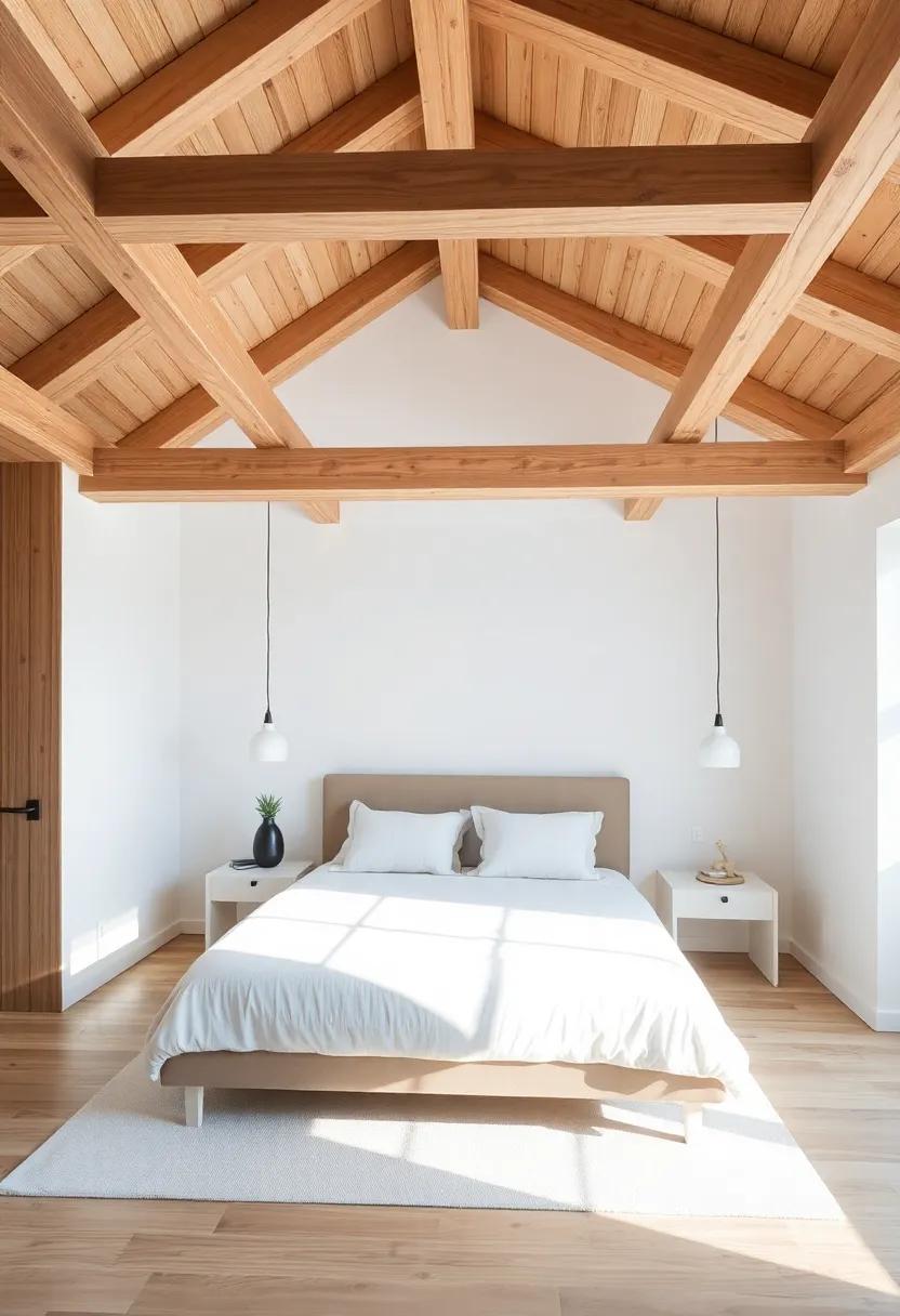 Clean Lines: Dive into a bedroom that celebrates architectural clarity, where linear wooden beams uphold a modern yet inviting aesthetic