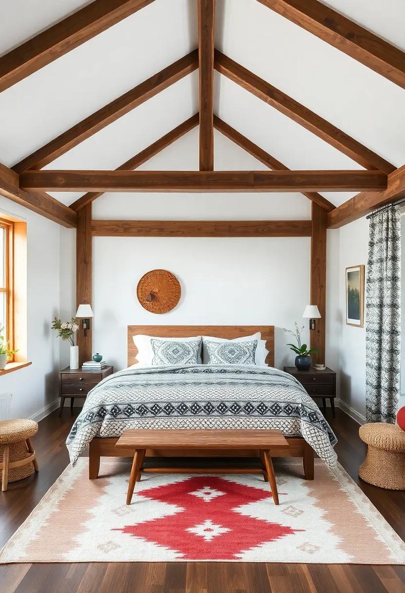 Eclectic Blend: Explore how bold patterns and textures harmonize⁢ within a room framed ⁣by wooden beams, showcasing eclectic Scandinavian charm