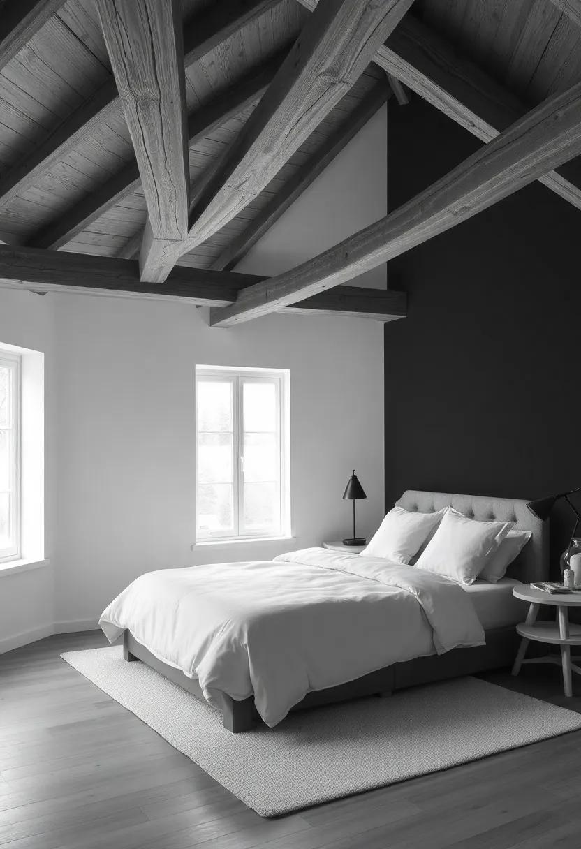 Monochromatic Magic: A dramatic black and ⁢white palette turns simple wooden beams into ‌striking architectural features that ‍command attention