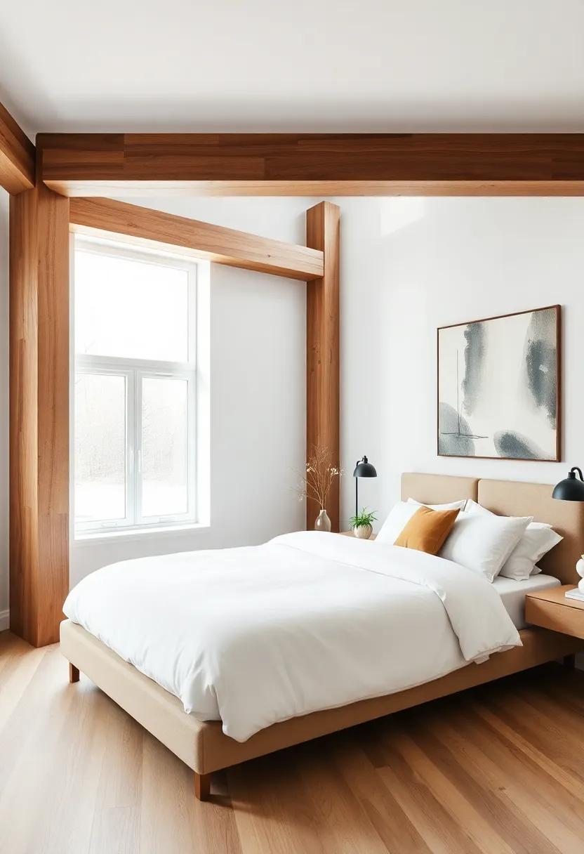 Sleek Modern Aesthetics: Experience a contemporary ⁤bedroom design where ​bold wooden beams add character without ​overshadowing minimalist elements
