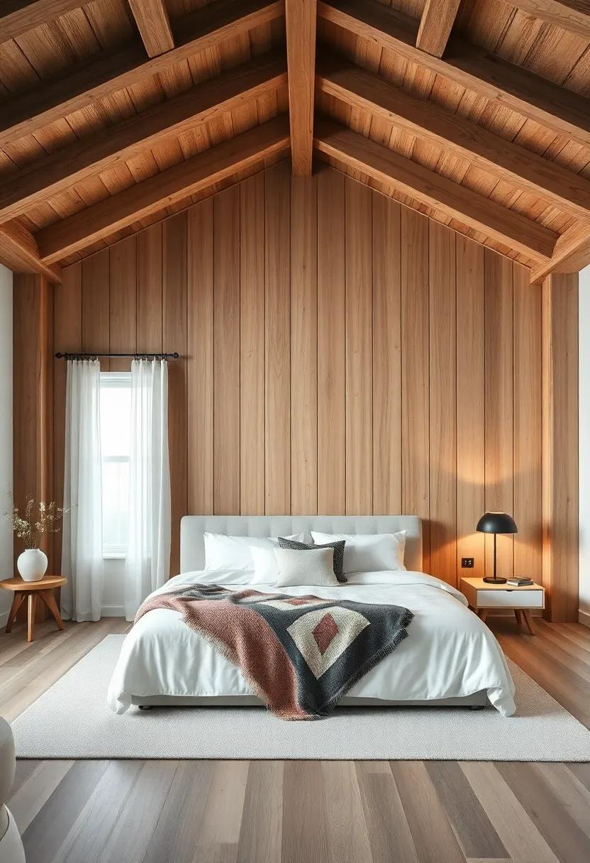 Statement Wall: A daring design choice turning a wall of wooden beams into the bedroom's focal point, setting ‍the tone for‌ the entire space