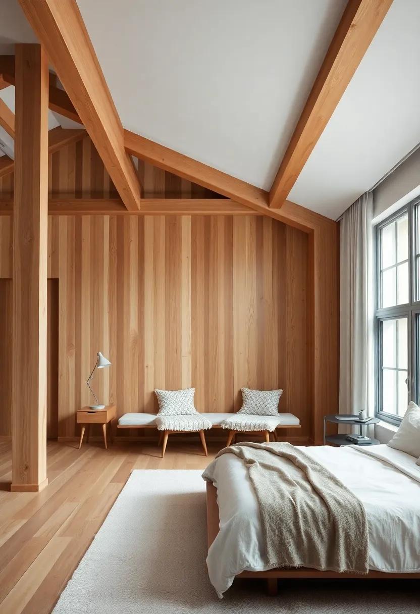 Tonal‌ Harmony: Dive into a space where varying shades of wood and fabric create a sophisticated palette, enhanced by striking beam ​structures
