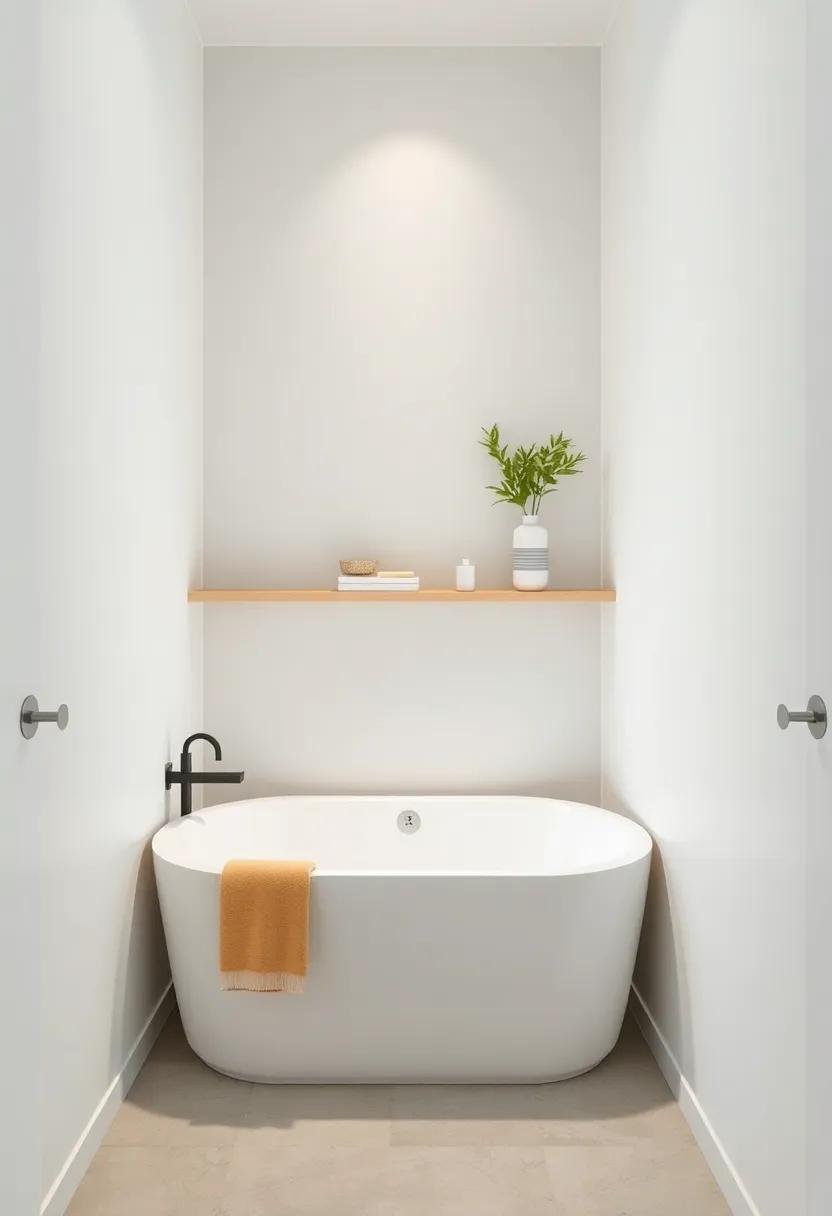 Add a narrow shelf: Surround your tub with a slim shelf for bath essentials and decorative items that won’t crowd your space