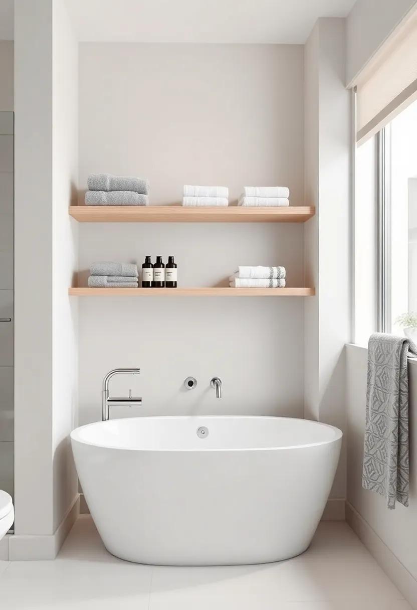 Implement open shelving: Show off stylishly folded towels and bath products without cluttering, allowing your bathtub to remain the focal point