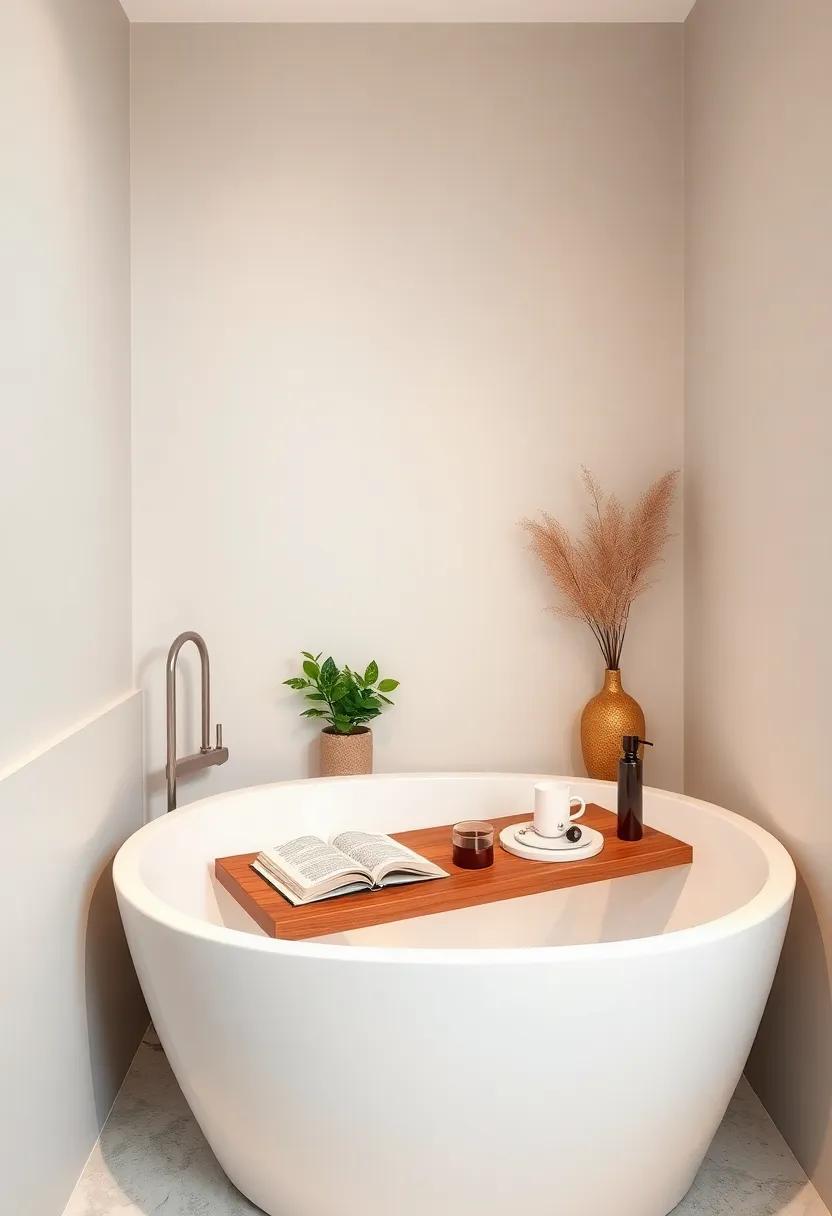 invest in a tub tray: A stylish bathtub tray keeps your favorite books and snacks within reach, enhancing your relaxation time