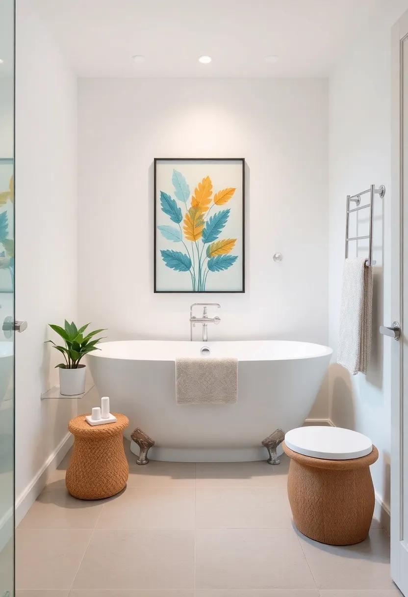 Personalize with art: Hang tasteful artwork near your bathtub to give the space character without overwhelming the senses