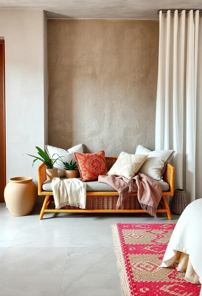 Boho Vibes: Choose a low, woven rattan bench adorned with soft textiles and a few potted plants — perfect for a bohemian-styled bedroom