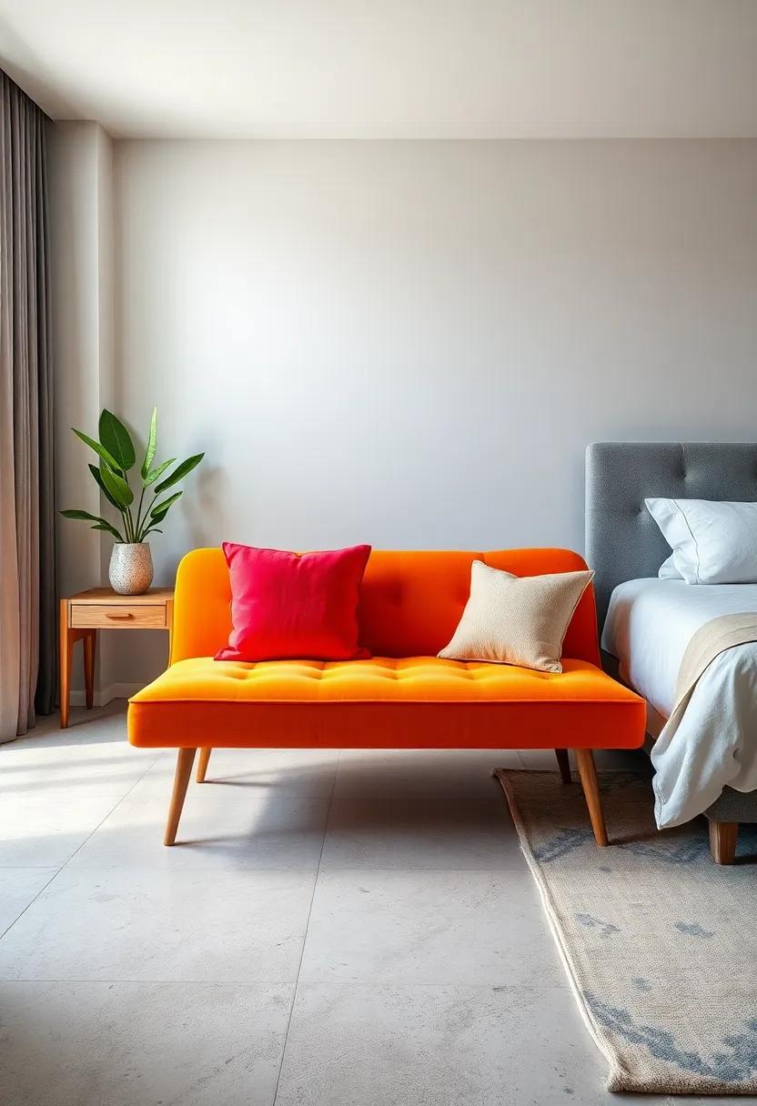 Color Pop: Brighten up your bedroom with a bold, colorful bench that serves as a statement piece, drawing attention and sparking joy