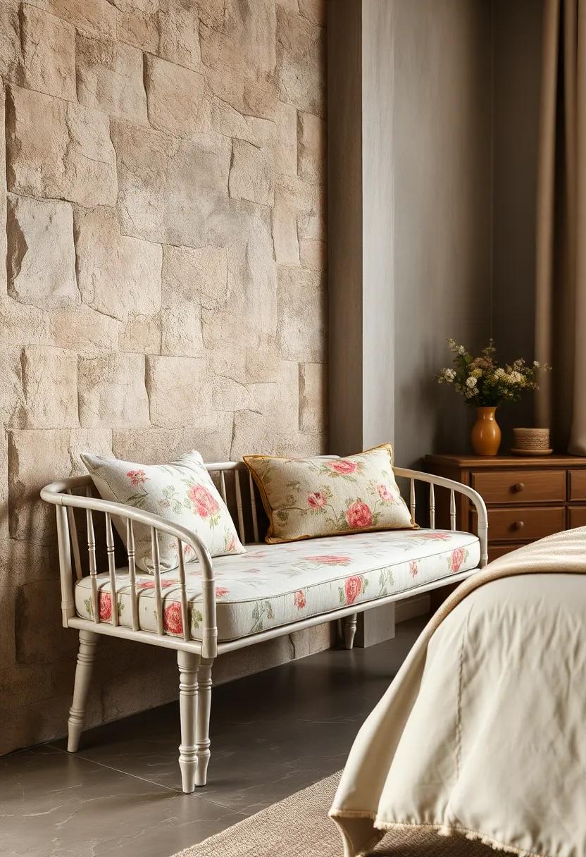 Cottage Core: Incorporate a vintage-style bench with spindle legs and floral patterns to embrace the cottagecore aesthetic in your bedroom