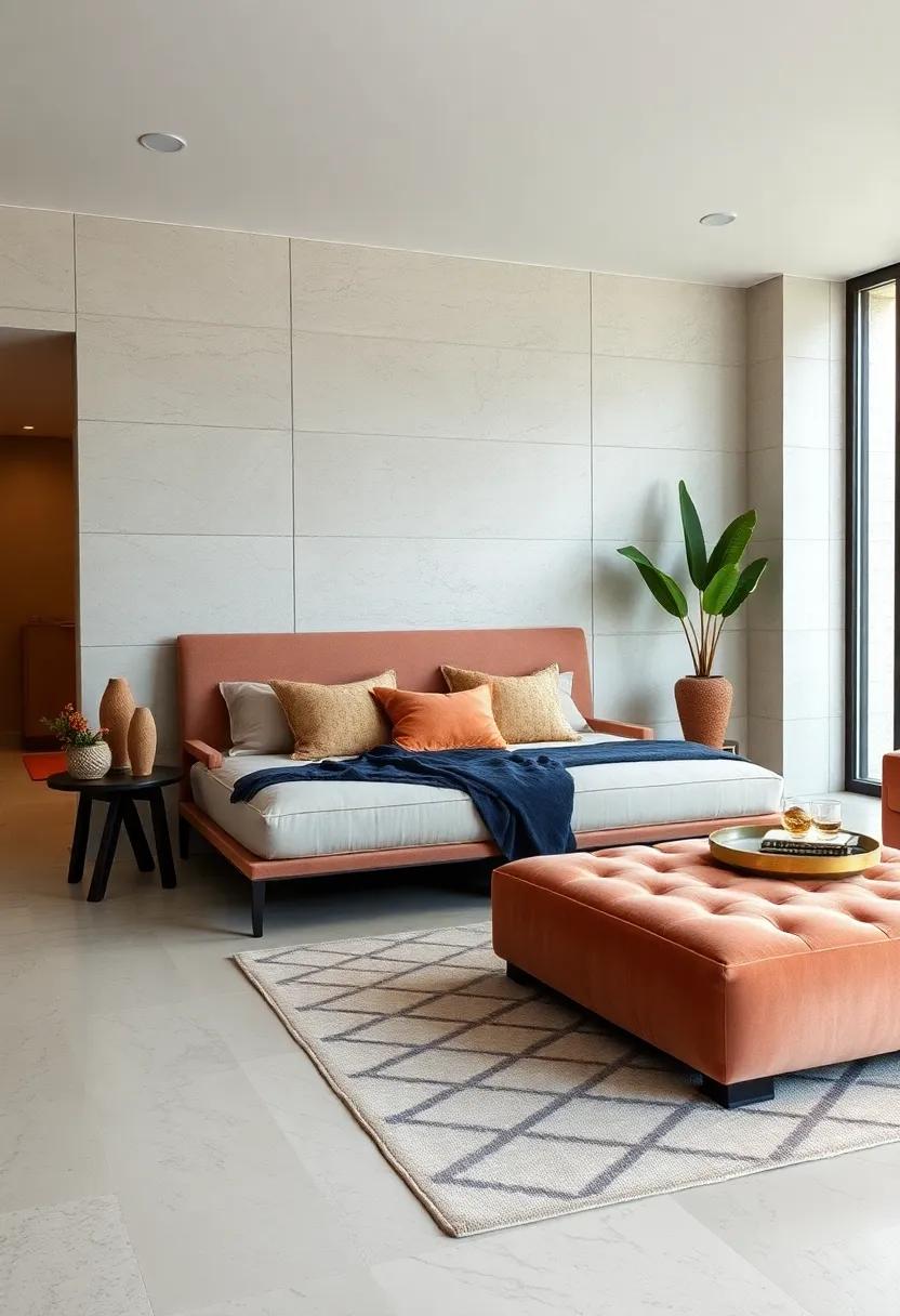 Elegant Ottoman: Replace your traditional bench with an oversized ottoman for a chic alternative that doubles as a footrest or coffee table