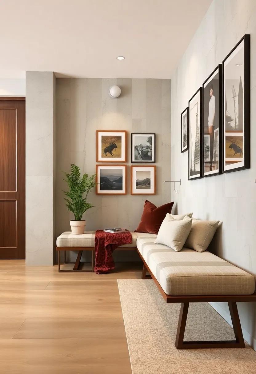 Gallery Style: Line a narrow bench against a wall adorned with artwork or photographs, creating an artful hallway vibe within your bedroom