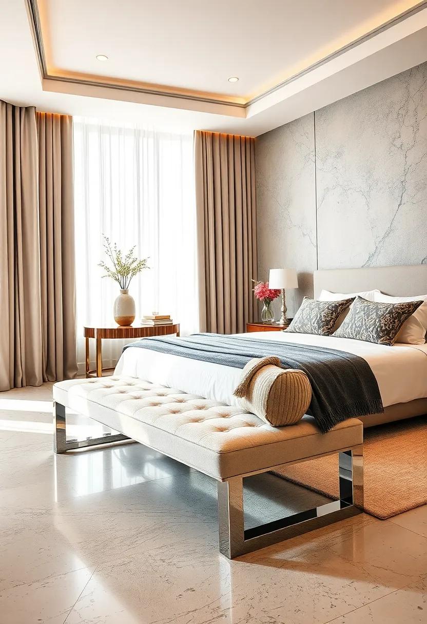 Glamorous Touch: A sleek, mirrored bench adds a hint of sophistication and luxury, reflecting light and making the room feel more spacious