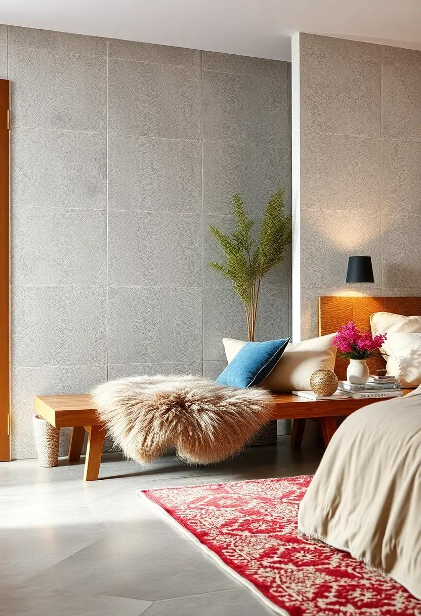 Layered Textures: Combine different materials by pairing a wooden bench with a plush faux fur throw for an inviting, layered look