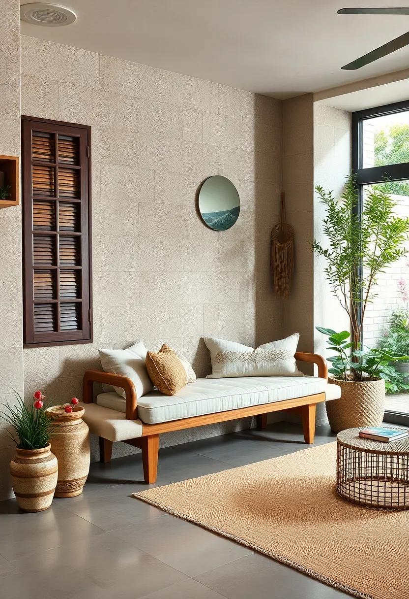 Outdoor inspiration: bring the outdoors in with a bench that mimics garden furniture, outfitted with weather-resistant fabrics for a fresh feel