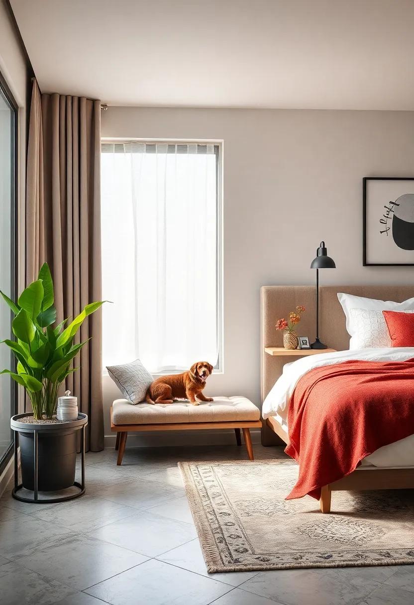Pet-Friendly Corner: Create a cozy pet nook by placing a small bench near your bed,personalized with a comfortable cushion for your furry friend