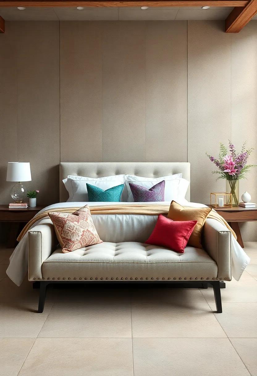 Upholstered Bliss: Create a cozy nook with a plush upholstered bench at the foot of your bed, complete with colorful throw pillows for added comfort and style