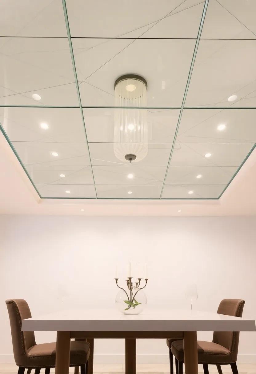 Glass Accents: Introduce glass elements into your ceiling design, such as light fixtures or panels, to add transparency and a sleek finish