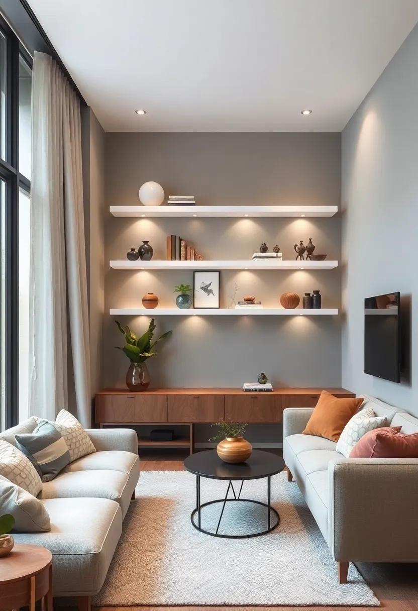 The Minimalist Charm: Sleek, white floating shelves with hidden brackets for a seamless, modern look that complements any small living room