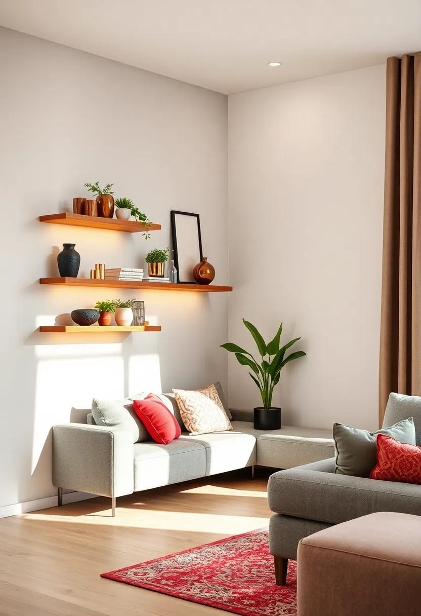 Corner Solutions: Creative corner floating shelves that utilize every inch of space, ideal for small living rooms needing smart solutions