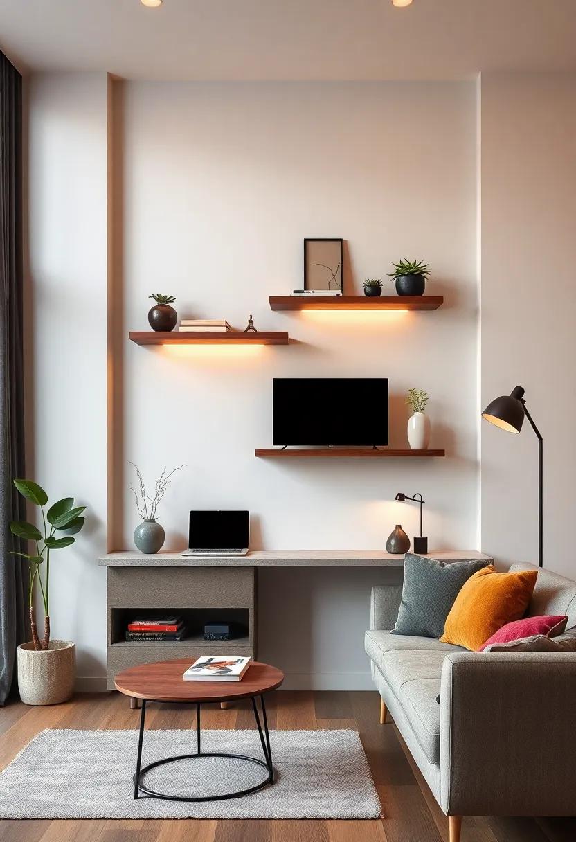 Floating Desk Combo: compact shelves that double as workspace, a versatile solution for small living rooms needing a work-from-home area