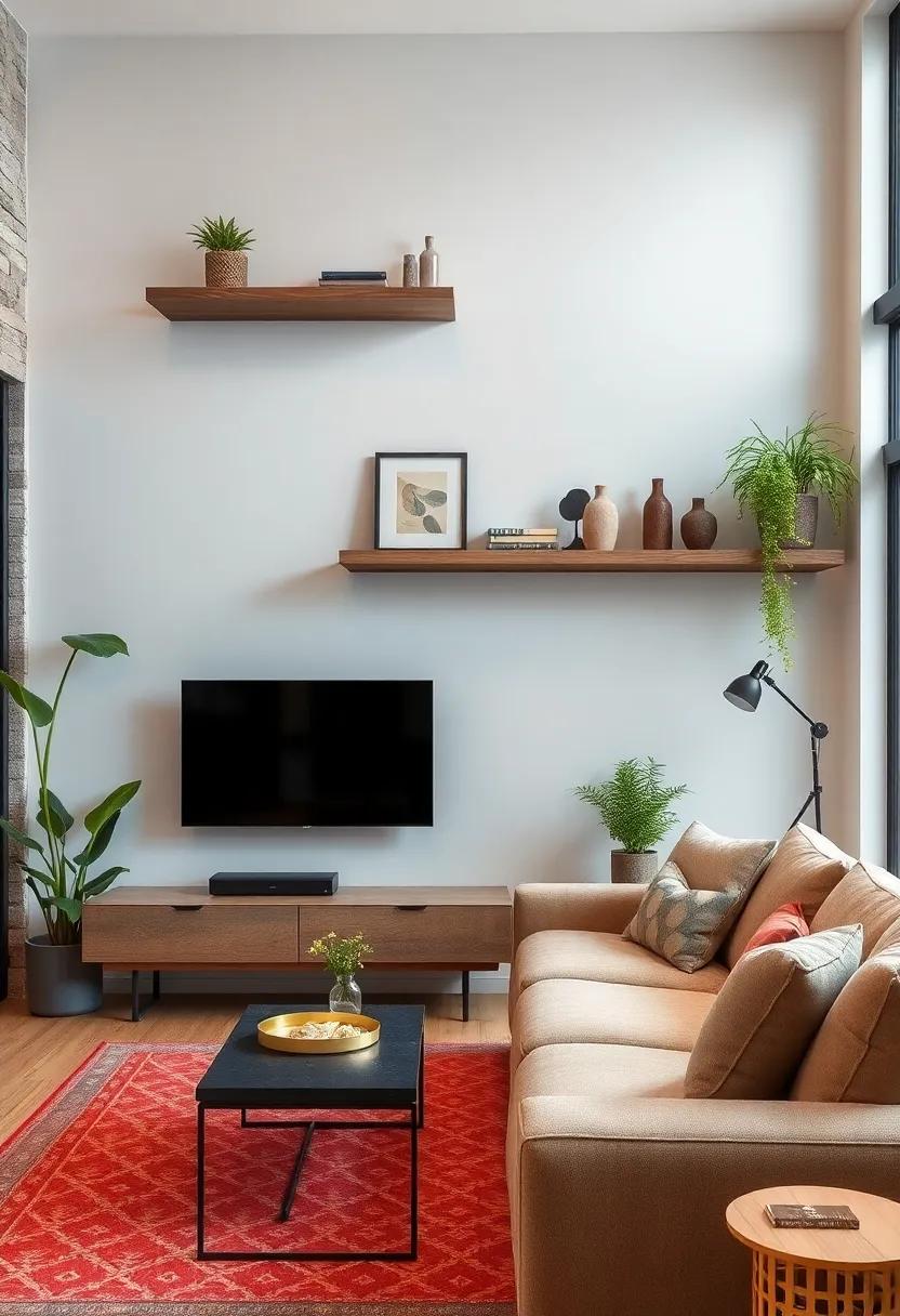 Industrial Edge: Metal and wood combinations that reflect a trendy industrial style, perfect for modern urban living rooms