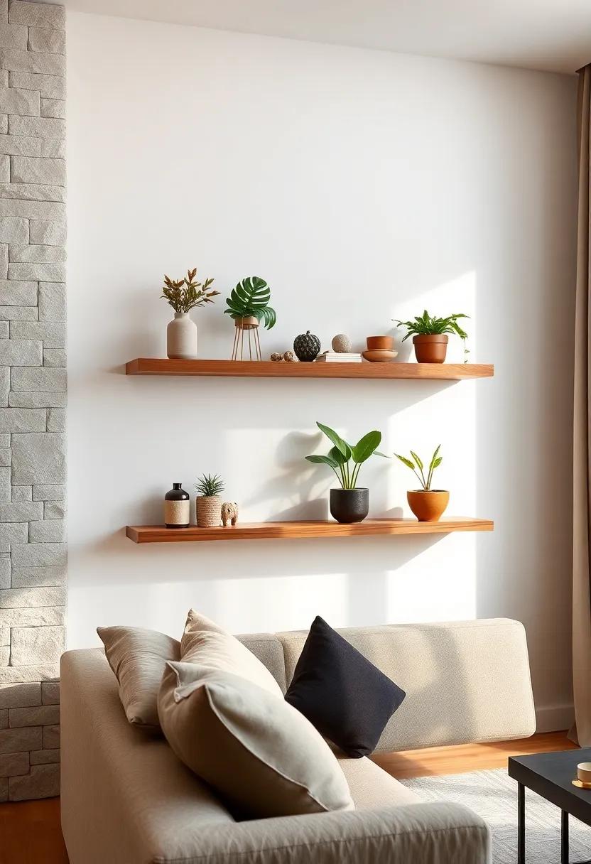 Entryway Floating Shelf: A practical yet stylish option to hang keys and display small plants, perfect for small living rooms connecting to the entry