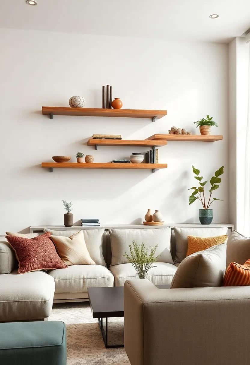 Neutral Tones: Shelves in earthy tones that blend seamlessly with various decor styles, adding subtle elegance to your living room