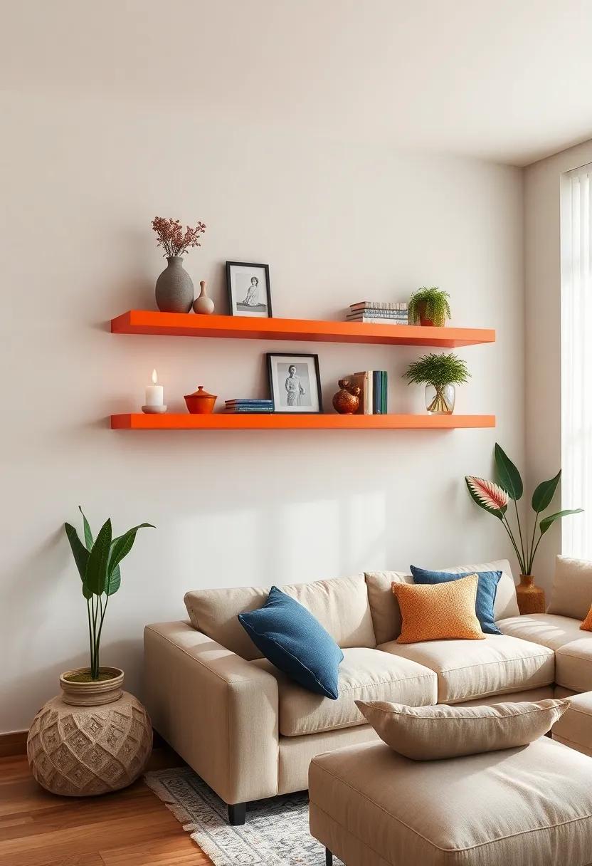 Color pop: Boldly painted shelves that invigorate your living room with personality, allowing you to express your unique style