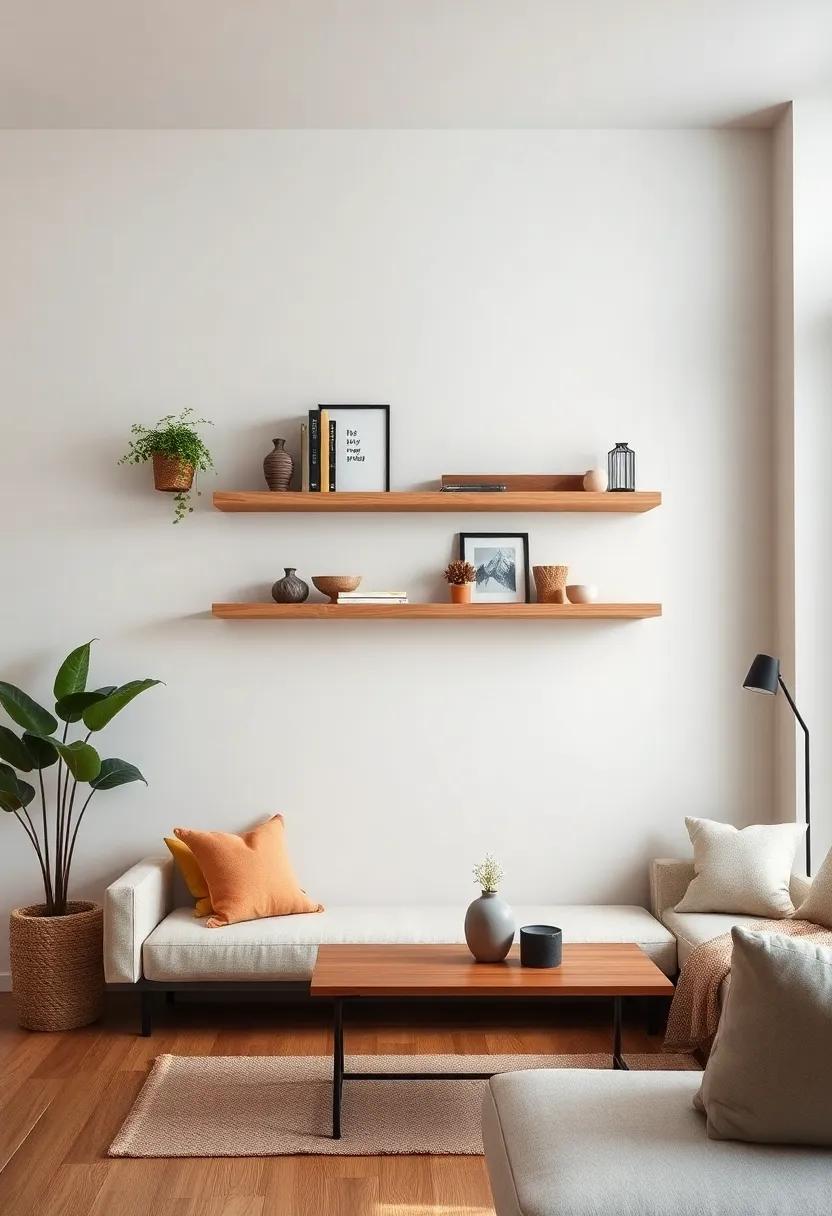 Nordic Influence: Light wood floating shelves with simple lines, embodying Scandinavian design principles for a clean, organized look