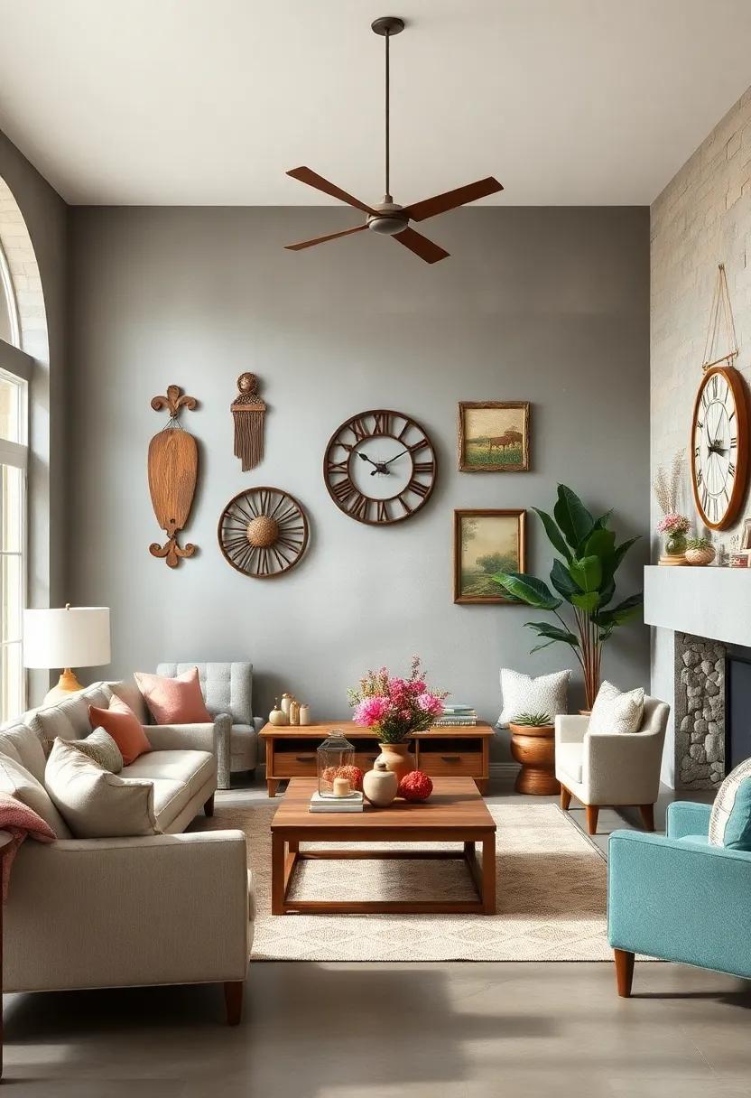 26 Charming Ideas for a Farmhouse Living Room Adorned with Antique Wall Hangings